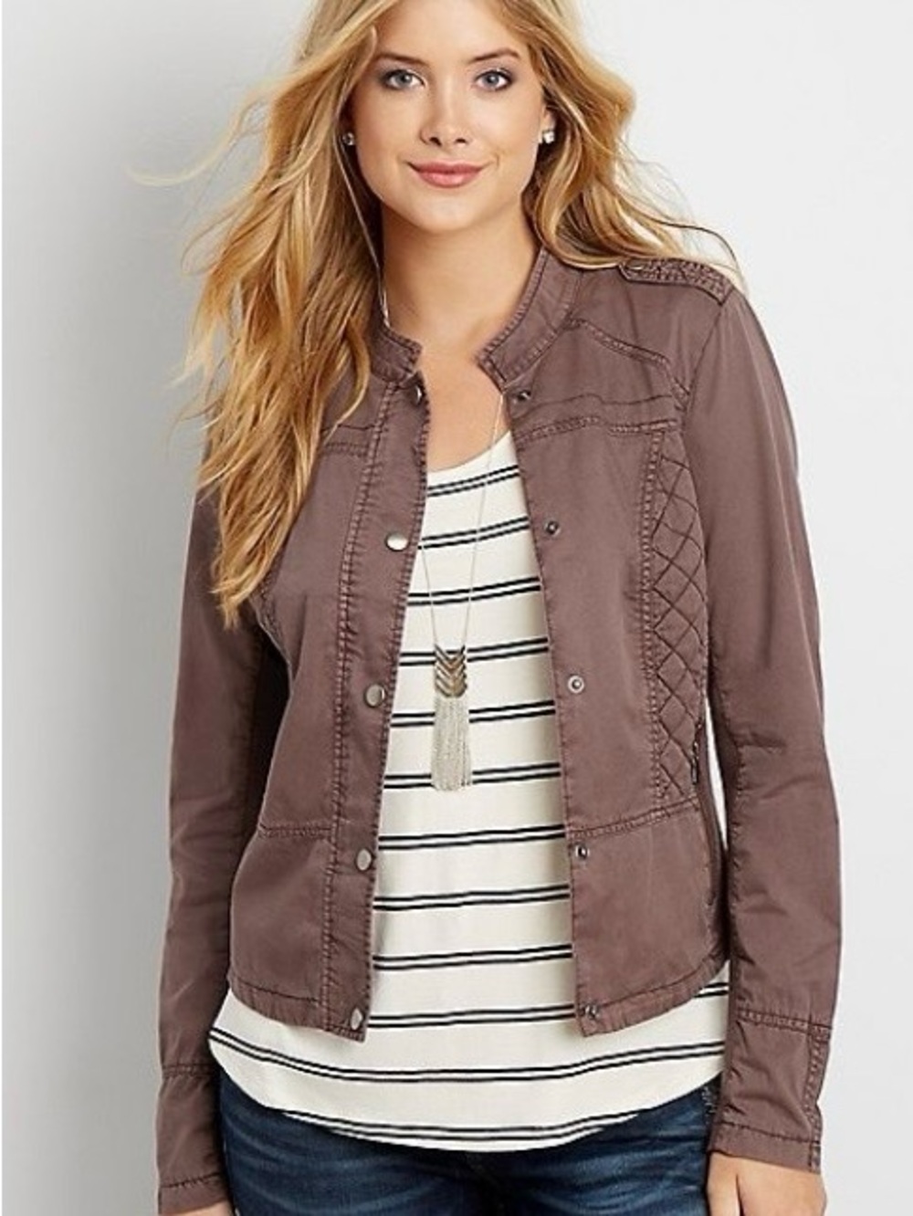 Maurices Quilted-Panel Utility Jacket in Plum